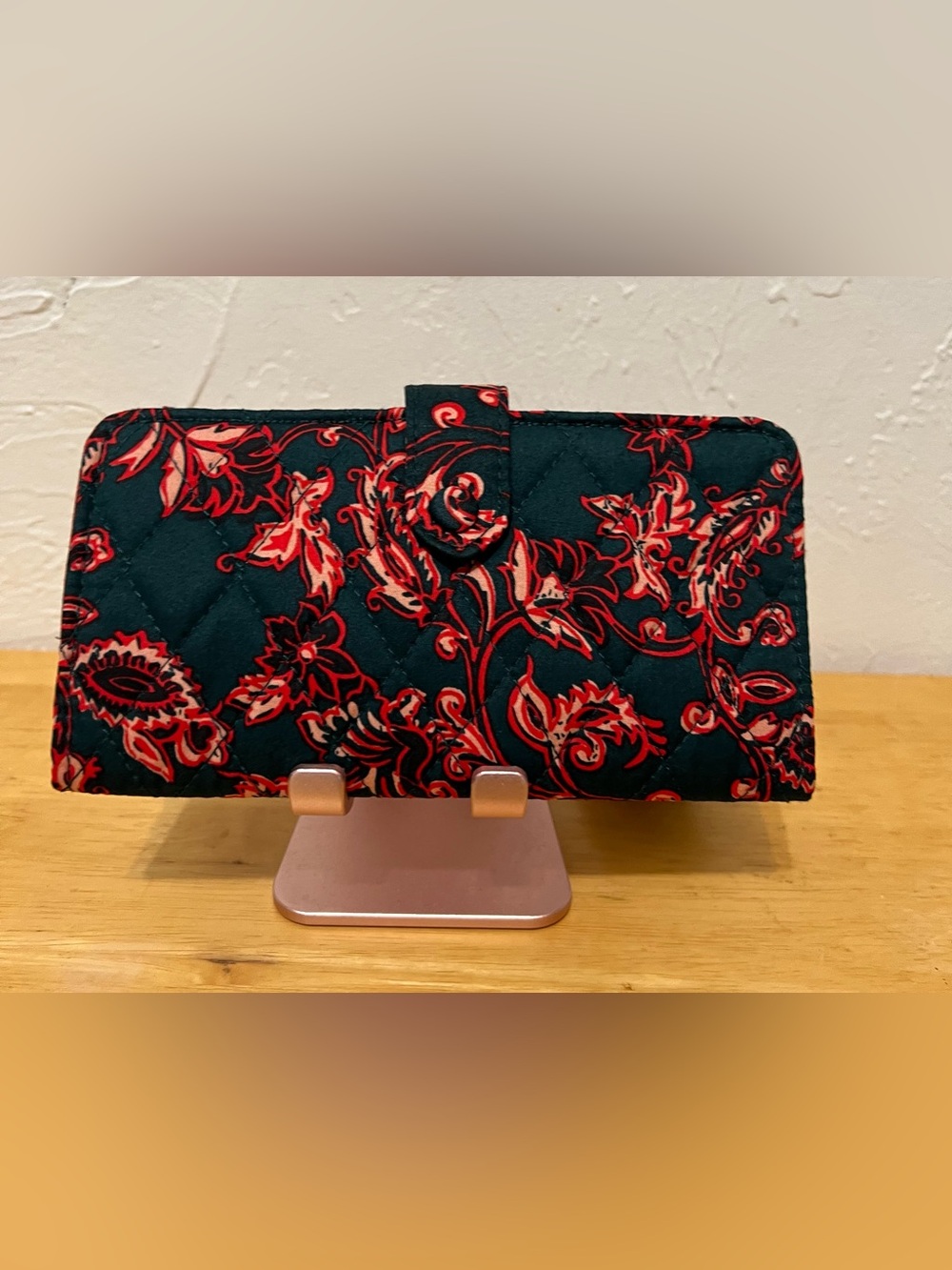 Vera Bradley Black Quilted Wallet with Red Floral Print